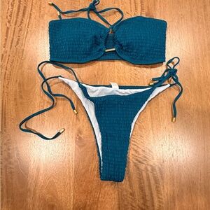 Teal Smocked Bandeau Tie-Side Bikini Set
